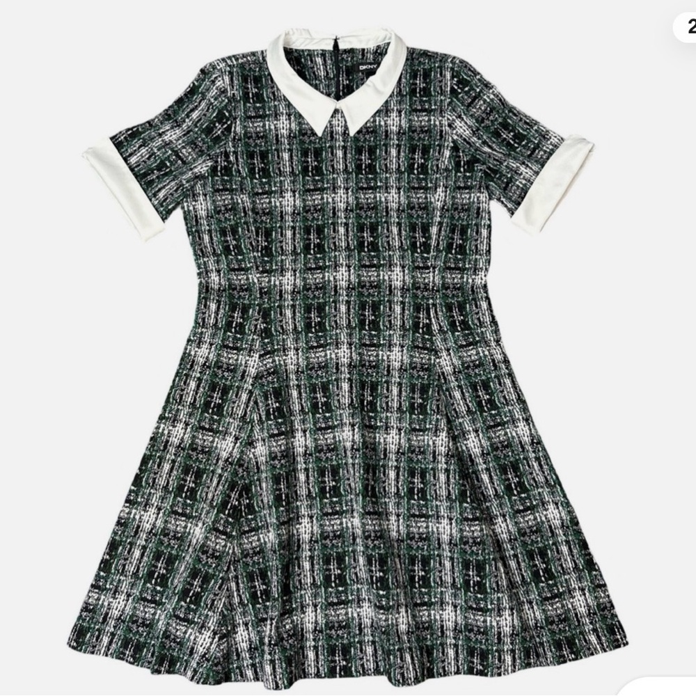 DKNY Contrast Collar Tweed Fit Flare Dress Checkered Green Size US 16